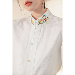 新中式国风刺绣白色衬衫女春装立领气质古风衬衣配马面裙长袖上衣
