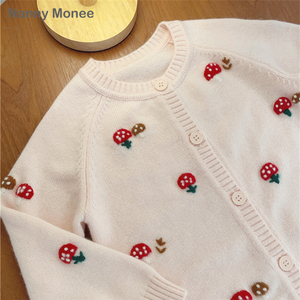 NannyMonee女童山羊绒复古洋气毛衣儿童女宝宝圆领蘑菇绣花羊绒衫