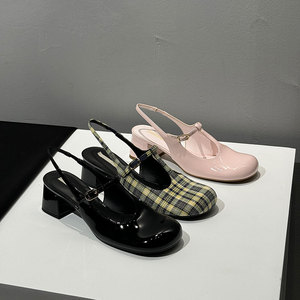 CHAIPTS&KETIH24新款小香风玛丽珍鞋小ck漆皮粗跟后空单鞋女凉鞋