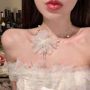 仙气网纱花朵珍珠项链个性气质时尚小清新颈链小众设计性感锁骨链