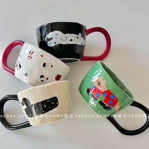 韩国小众设计可爱大耳朵陶瓷马克杯卡通狗狗插画水杯情侣咖啡杯