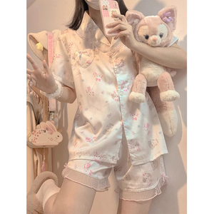 日本代购冰丝睡衣少女款夏季短袖日系ins可爱花边家居服薄款套装
