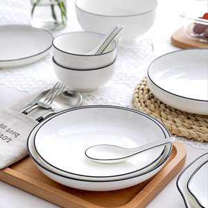 北欧出口法式家用陶瓷餐具套装纯白简约黑线黑边碗碟盘子家用菜盘