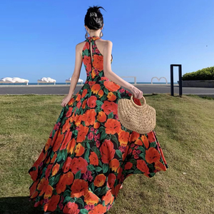 超仙海边度假V领挂脖连衣裙高级感复古玫瑰印花气质显瘦拖地长裙