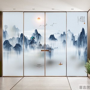 中式山水墨画窗户玻璃贴纸装饰厨房客厅阳台推拉门磨砂贴膜中国风