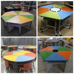学生六边形组合桌电脑桌六角拼接桌会议桌办公实木桌实验探究桌椅
