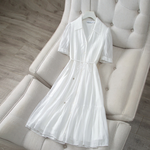 2024夏季新款白色雪纺连衣裙女中长款法式气质茶歇高端精致衬衫裙