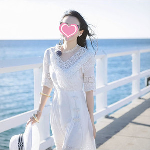 章子怡明星同款白色蕾丝连衣裙仙女沙滩裙气质海边度假中长裙23夏