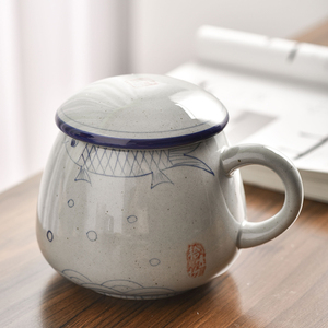1000ml马克杯大容量带盖陶瓷杯粗陶手绘办公室水杯早餐杯咖啡杯子