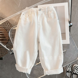 韩国男童牛仔裤春夏装女童小孩白色休闲裤子儿童宝宝长裤