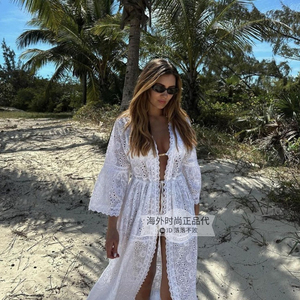 正品代购 直邮 Melissa Odabash 刺绣镂空棉质沙滩披身长裙