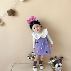 韩系女童背带裙套装秋季新款婴幼童娃娃领打底衫可爱毛球背心裙两