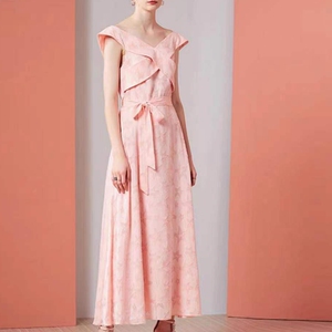 原单尾货粉色植花五角星星连衣裙 长款礼服长裙 系带法式仙女裙