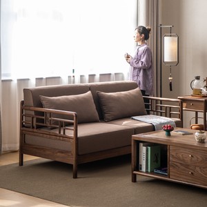 新中式沙发北美黑胡桃木布艺实木三人位小户型客厅简约家具定制