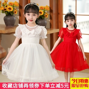 儿童白色公主裙夏季新款舞蹈演出服女童红色连衣裙短袖蓬蓬网纱裙