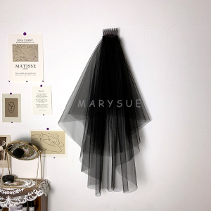 玛丽苏*万圣节头饰哥特黑色头纱拍照道具素纱双层带插梳超仙森系