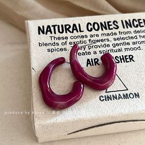 法式酱紫色~秋冬复古紫红几何曲线耳环气质设计弧型圆环个性耳钉