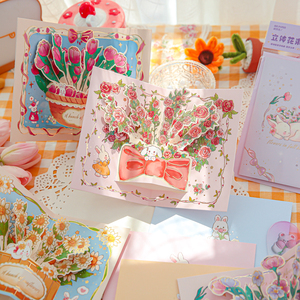 小兔子与花束立体折叠贺卡信封高级感可爱创意生日小众玫瑰花卡片