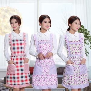 韩版时尚碎花格子双口袋背心式可爱家用厨房防水防油围裙女士围裙