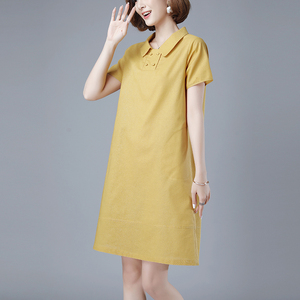 黄色中年小个子连衣裙女棉麻高端气质苎麻休闲宽松裙子妈妈款夏季