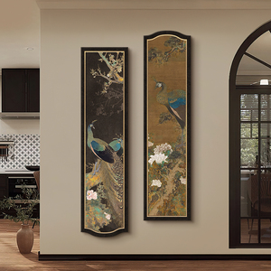 新中式玄关装饰画宋代美学竖版长条挂画中国风花鸟茶室背景墙壁画