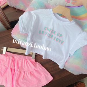 出韩国单女童 夏季休闲字母运动风 宽松60棉T恤短裙短裤 两件套装