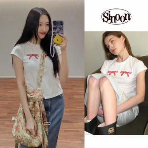 现货宣美同款SINOON韩国设计师品牌 蕾丝蝴蝶结刺绣短款短袖T恤女