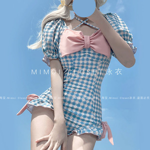 Mimoi Closet浅蓝色格子2024新款日系可爱少女连体温泉游泳衣女款