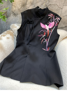 原创设计复古撞色展翅刺绣黑色修身中长款马甲立领中国风马夹唐装