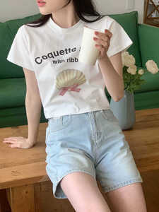 韩国东大门代购ouir 数码印花 扇贝甜美个性图案短袖T恤衫