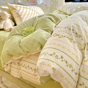 小清新碎花纯棉四件套全棉床单绿色被套三件套2024新款床上用品女