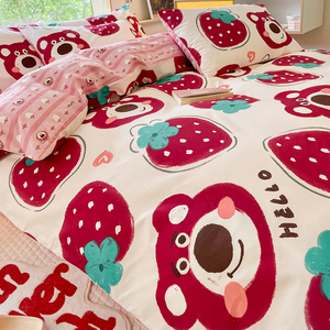 迪士尼草莓熊纯棉床上四件套100全棉儿童床品三件套女孩被套床单4