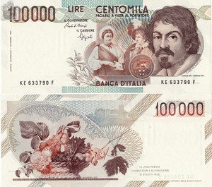 欧洲 意大利100000里拉 (画家卡拉瓦乔)1983年版 外国钱币 纸币