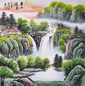 客厅装饰画办公室挂画纯手绘四尺斗方国画青绿山水画T11