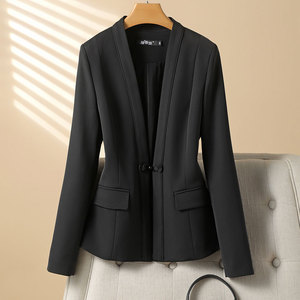 黑色小西装女外套短款上衣秋天修身西服中式小个子设计感西装无领