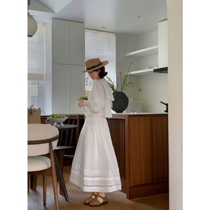 susu100%苎麻自制重工两件套压褶衬衫+a字版松紧腰白色半身裙套装