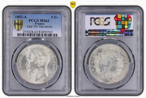 PCGS-MS62法国1852年拿破仑三世总统版5法郎银币