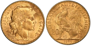 PCGS-MS63法国1899年20法郎高卢鸡玛丽安娜金币原铸