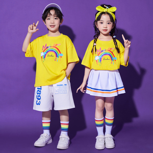六一儿童啦啦队演出服黄色彩虹短袖小学生幼儿园拉拉操班服套装夏