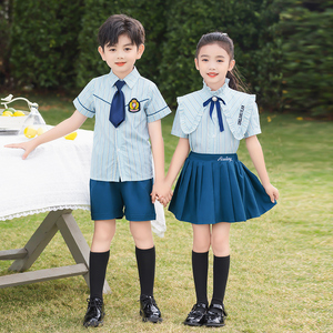 小学生校服夏装毕业照班服儿童娃娃领蓝色条纹衬衫幼儿园园服套装