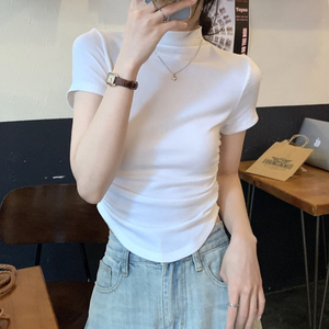韩版白色半高领短袖t恤女夏季新款设计感褶皱收腰修身正肩上衣短