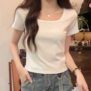 韩版白色方领露锁骨短袖t恤女2024夏季新款小个子修身显瘦上衣短