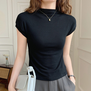 半高领黑色螺纹棉短袖t恤女夏季新款韩版修身显瘦性感立领打底衫