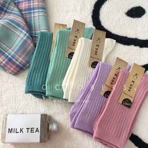 12 OCTOBERS 韩国纯色螺纹浅紫色薄荷色浅绿色中筒袜堆堆袜袜子女