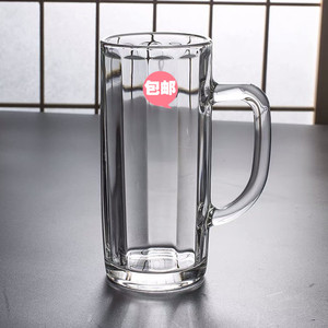 家用透明带把玻璃杯 大容量直身条纹啤酒杯加厚耐热茶水杯牛奶杯