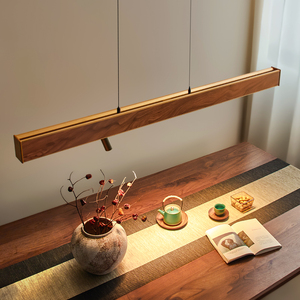 [澜舟]茶室餐厅吧台胡桃实木极简禅意创意新中式一字长桌条形吊灯
