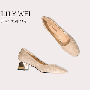 Lily Wei水晶鞋法式新娘婚鞋孕妇可穿不累脚粗跟单鞋女大码41一43