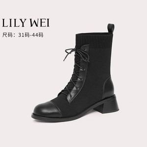 Lily Wei袜靴女2024新款乐福鞋短靴舒适百搭针织弹力靴大码女鞋42