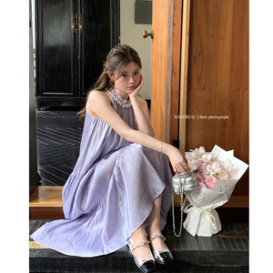 杨小卷 手工珍珠领珠光缎面连衣裙紫色高级感挂脖长裙生日小礼裙