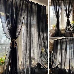 素色美式复古亚麻沙窗纱纯色暗系黑色深灰色日系名宿窗帘客厅纱帘
